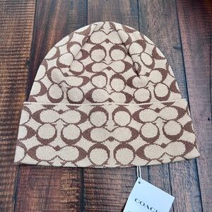 Coach Signature Knit Beanie Hat Khaki Brown 100% Wool One Size NWT